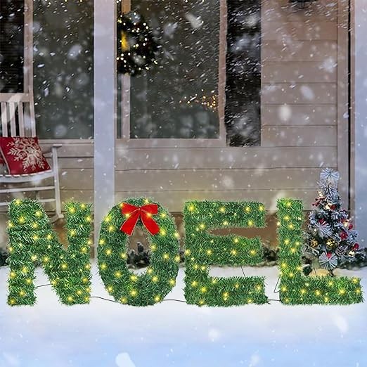 ATDAWN 4 Pc Noel Sign Christmas Decoration Set, Lighted Yard Display, Indoor/Lawn Decor, Green