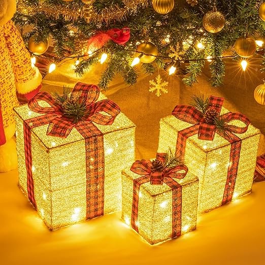 Sunnyglade 10"-8"-6" Set of 3 Christmas Lighted Gift Boxes Decoration Boxes with Plug, Bows, Artificial Pine Leaves and Pine Cones for Christmas, Weddings Yard Home Holiday Art Decoration