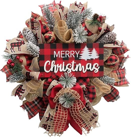 Idyllic Christmas Wreath for Front Door, 18" Winter Wreath with Merry Christmas Sign, Winter Decorations for Farmhouse Harvest Home Outdoor/Indoor