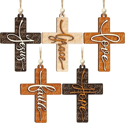 Christmas Wooden Cross Ornaments for Christmas Tree, Religious Gifts for Women Faith, Girl, Nativity Cross Christian Gift for Xmas Holiday Church, Jesus, Bible Gifts, Grace, New Year (5pcs)