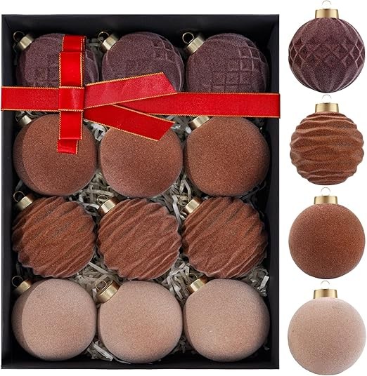 WDF 12PCS Velvet Brown Christmas Ornaments - Neutral Brown Ornaments- 80mm 3.15inch Shatterproof Christmas Balls for Xmas Trees Decorations