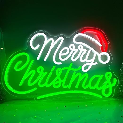 Merry Christmas Neon Signs, LED Christmas Neon Sign with Santa Hat, Neon christmas Sign for Wall Decor, Dimmable Christmass Window Lights for Bedroom Xmas Party Gift Bar Pub Kids Xmas Decorations