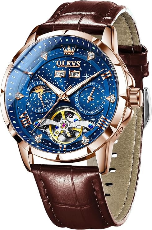 OLEVS Mens Automatic Watches Self-Winding Starry Sky Diamond Skeleton Luxury Wrist Watch Waterproof Luminous