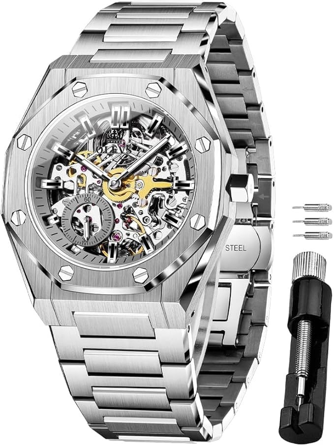 OLEVS Men's Automatic Mechanical Watches Luxury Dress Waterproof Self Winding Moon Phase Chronograph Stainless Steel Luminous Date Tourbillon Wristwatch for Men