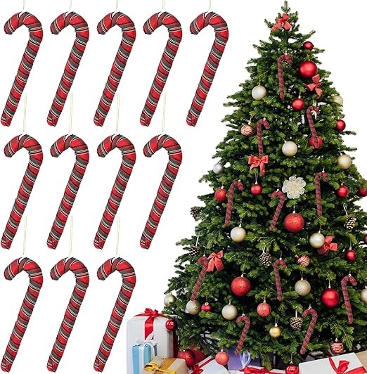 12 Pcs Candy Cane Christmas Ornament Red Fabric Plaid Candy Cane Decorations Rustic Farmhouse Christmas Tree Hanging Decoration for Xmas Crafts Party Favor Indoor Outdoor Decor