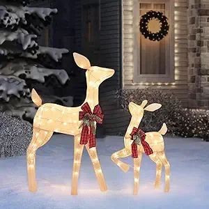 2 Pack Reindeer Christmas Decoration with 105 Lights Xmas Lighted White Glittering Deer for Indoor Outdoor Yard Lawn Decoration