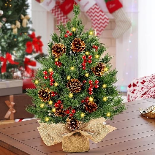 [ 8 Modes & Timer] 24 Inch Realistic Tabletop Christmas Tree Small Christmas Tree with 50 Warm Lights Battery Operated Indoor Home Table Christmas Decorations